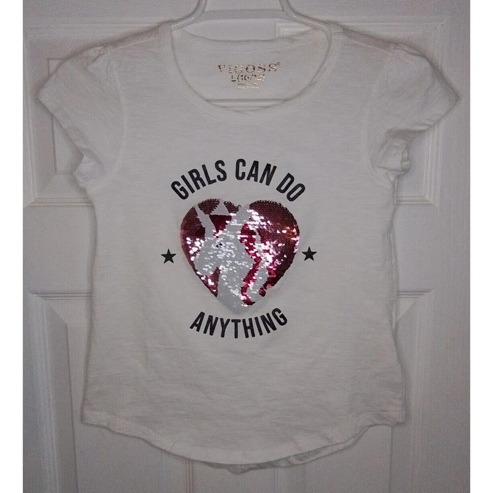 Vigoss Girls Can Do Anything Unicorn Sequin White T Shirt Girls Size L 10 / 12